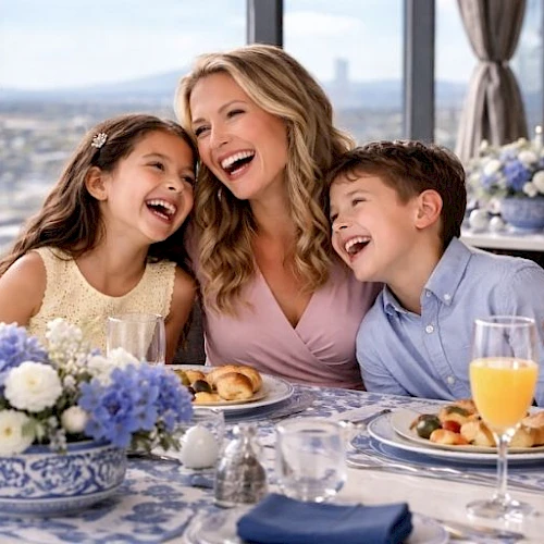 Three people (a woman and two kids) smiling at a nicely set table with flowers and mimosas, sharing a joyful moment at a restaurant.