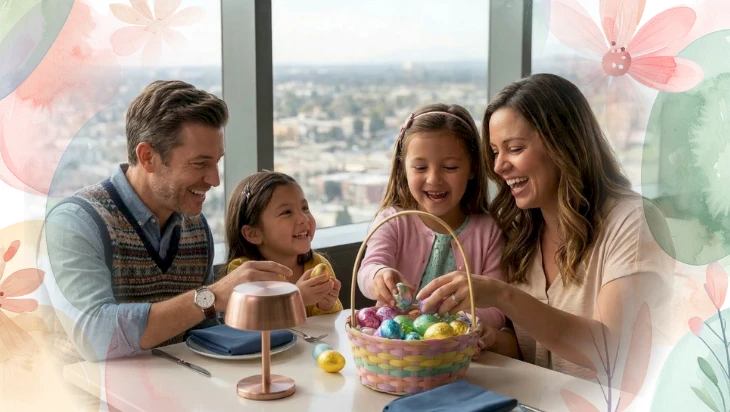 A cheerful family enjoys a colorful Easter egg hunt at a bright table by the window, sharing smiles and baskets together.