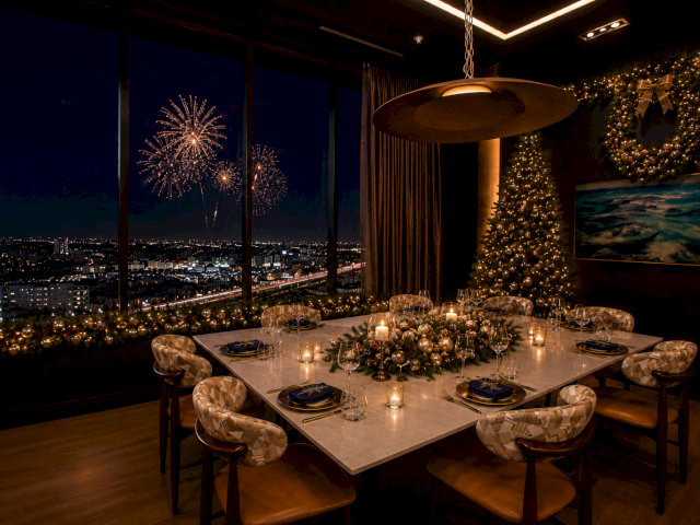 Festive holiday dinner setup with a decorated table, candlelights, wreaths, and fireworks visible through large windows.
