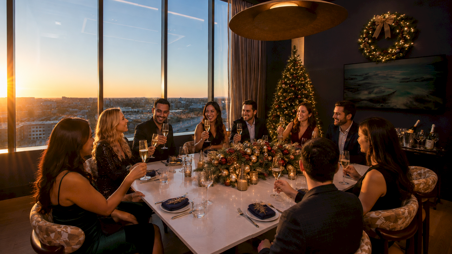 Friends toast at a festive holiday dinner with champagne, a decorated Christmas tree, and city sunset through large windows.