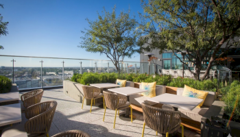 Outdoor patio with wicker chairs and cushioned seating, small tables, trees, planters, and a city view under a blue sky, stylish daylight.