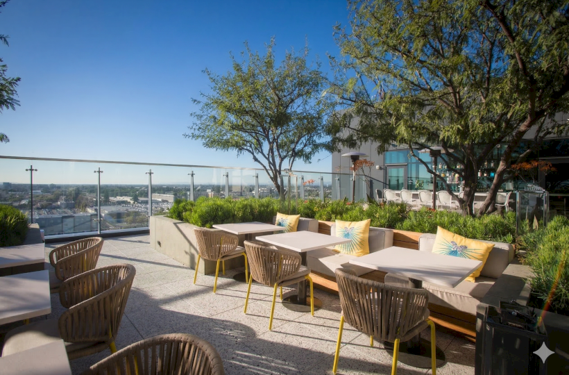 Outdoor patio with wicker chairs and cushioned seating, small tables, trees, planters, and a city view under a blue sky, stylish daylight.