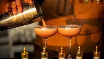 Two cocktails are being poured into coupe glasses from a shaker, with bottles and bar equipment in the background.