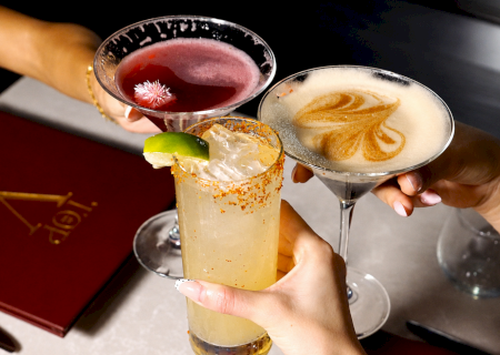 A toast with two cocktail glasses and a frothy drink topped with lime, citrus swirls, and colorful garnish in the hands.