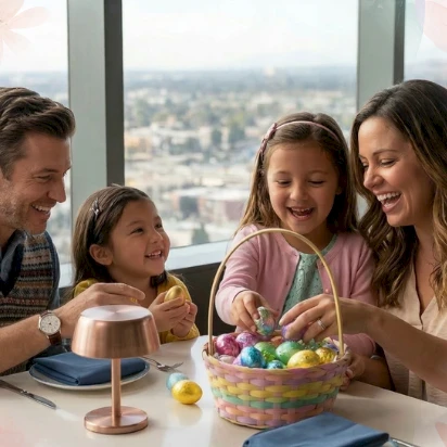 A cheerful family shares a colorful Easter egg basket at a restaurant window, enjoying treats and smiles together.