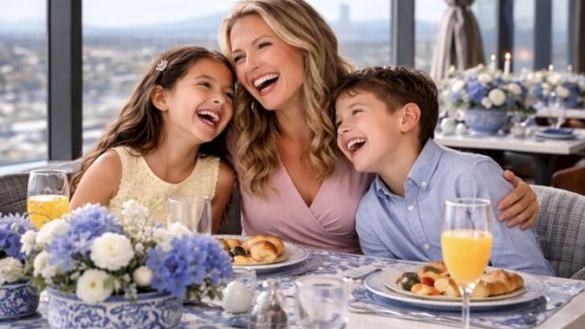 Three people (a woman and two kids) smiling at a nicely set table with flowers and mimosas, sharing a joyful moment at a restaurant.