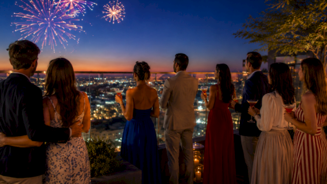 A group of friends on a rooftop overlook watch colorful fireworks explode over a city skyline at dusk.