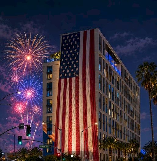 A U.S. flag drapes a high building as colorful fireworks burst in the night sky.