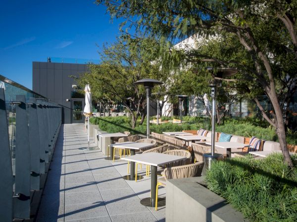 Sunny outdoor hotel terrace with patio tables, chairs, umbrellas, and lush trees beside a modern glass building.